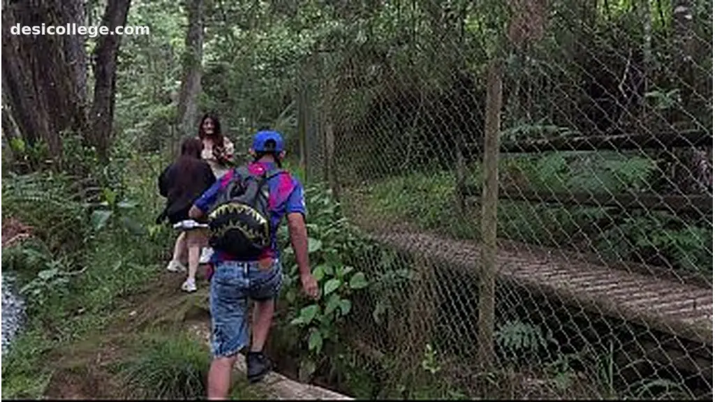 Threesome in the woods with two pretty girls .