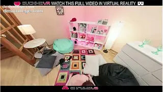4K Brunette Lucy Strindew naked on bed plays with big cock in VR.