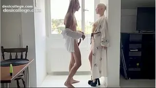 4K Standing doggy with long haired boy and shaved bald head girl