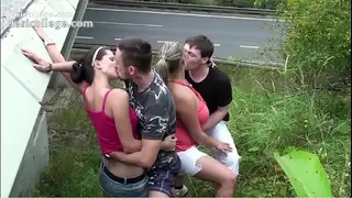 Full HD Cum on a chubby girl with big tits in extreme public foursome sex by a highway