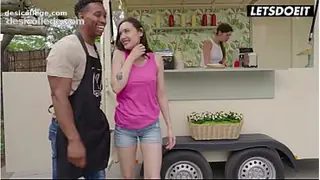 Homemade Brunette Drops to Her Knees Behind the Counter to Gag on BBC