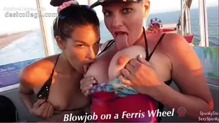 Must See! Risky Public Double Blowjob on a Ferris Wheel with Teen &amp; MILF